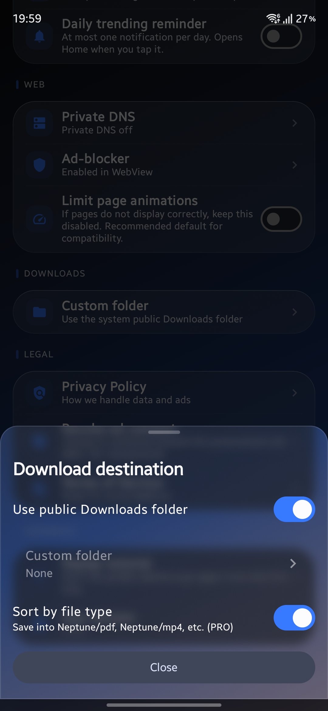 Posizione cartella download in Neptune