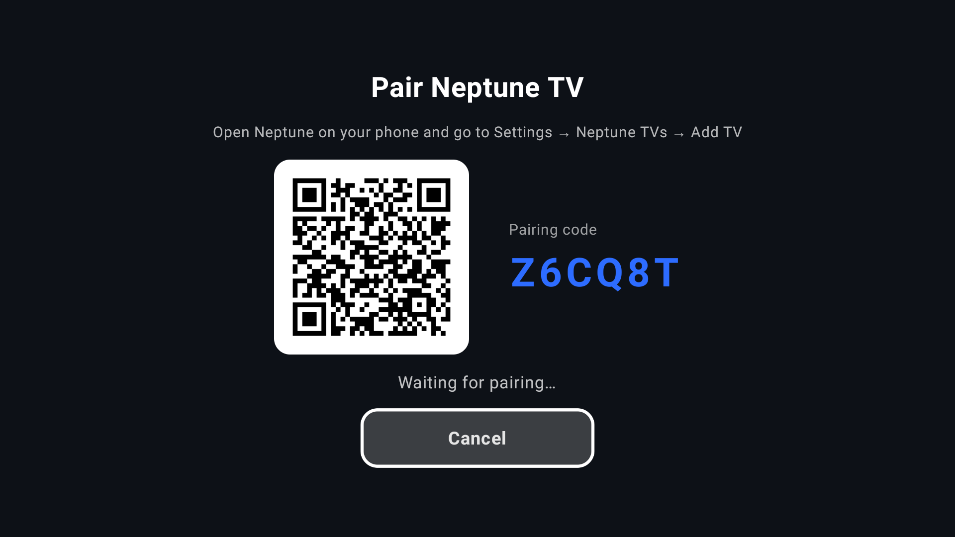 Neptune Fire TV pairing screen with QR code